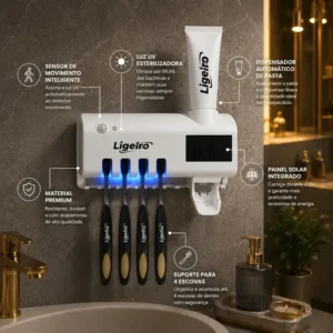 Dispenser Pasta De Dente Com Porta Escova Suporte De Parede Para 4 Escovas Branco Esterilizador Uv Ligeiro - Imagem 4