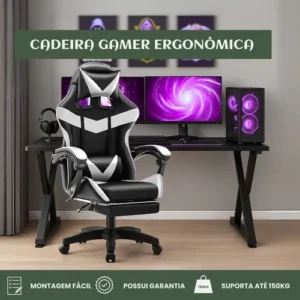 Cadeira De Escritório Gamer Nitro Ergonômica Estofado Couro Sintético Reclinável Altura Ajustável Apoio Para Pés Cor Branco Luvinco - Imagem 4