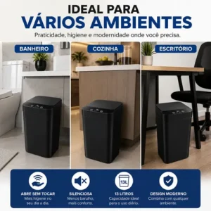 Lixeira Automatica Sensor 13L Inteligente Banheiro Cozinha Tampa Eletrica Infravermelho Abertura Automatica Sem Toque Compacta Plastico Resistente Vedacao Odor Residencial RMI - Imagem 7