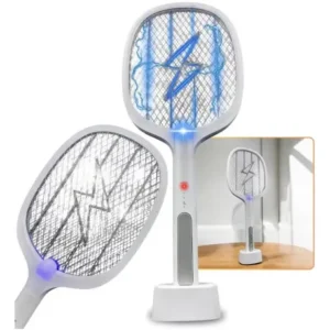 Raquete Elétrica Mata Pragas Mosquitos Com Base Usb Luz Led Cor Branco - Imagem 2