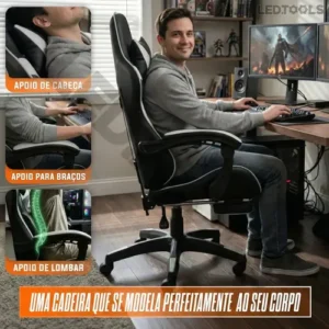 Cadeira de escritório Gamer ergonômica Reclinável Com Apoio dos Pés Branco Led Tools com estofado de couro sintético - Imagem 4