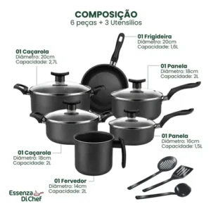 Conjunto De Panelas 9 Peças Antiaderente Com Tampa De Vidro E Utensílios Fogão A Gás Preto - Imagem 4