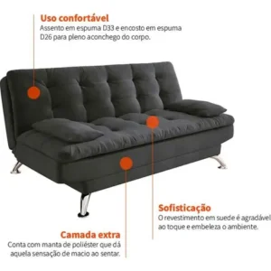 Sofá-cama 3 Lugares Casal Premium Suede Cinza Cinza Florido - Imagem 4