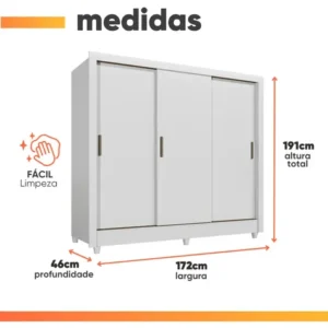 Guarda Roupas Casal 3 Portas Correr 2 Gavetas França Andirá Branco - Imagem 3