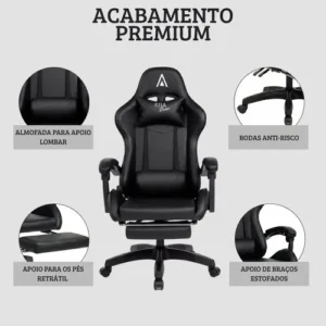 Cadeira Gamer Ergonômica Alpha Rija de Couro Sintético Preta - Imagem 7