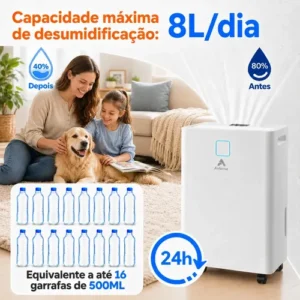 Desumidificador Compressor 8L/Dia, Silencioso, Antimofo, Área Até 120m², Controle Wi-Fi, Drenagem Contínua, Timer 24h, Display Digital, Filtro Removível, Para Quartos e Salas, Airluma - Imagem 3