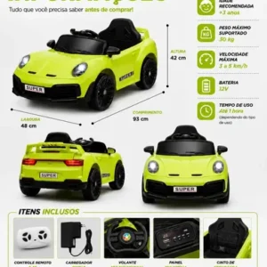 Carro Elétrico Infantil TURBO RSX 12V Controle Remoto Luzes Música Verde - Imagem 8