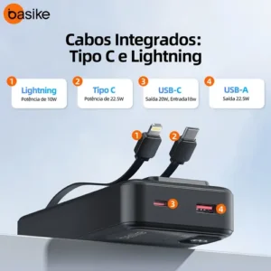 Power Bank Basike 20000mAh Preto, Carga Rápida 22.5W para iPhone e Samsung, Com Cabos Embutidos e Display - Imagem 6