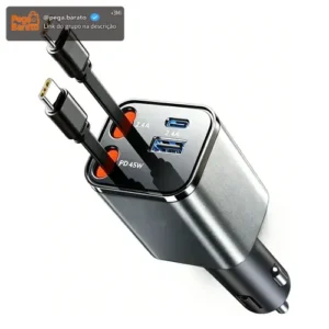Carregador Turbo De Carro Retratil 4 Em 1 Com 2 Cabos Type-c - Imagem 1