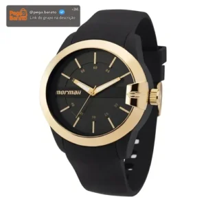 Relógio de pulso Mormaii MOPC21JAG/8P com corria de poliuretaneo cor preto - bisel dourado - Imagem 1