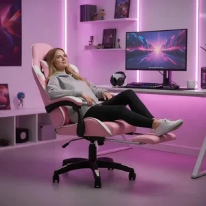 Cadeira Gamer Ergonômica Reclinável com Apoio de Pés e Cabeça XINMEROX Rosa - Imagem 4