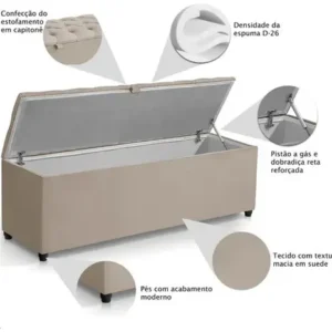 Recamier Calçadeira Baú Estofado Solteiro Berlim 0,80cm Bege - Imagem 4
