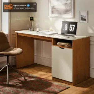 Escrivaninha Para Computador 115cm Com Porta E Nicho Mesa Home Office Escritório Quarto Estudo Notebook Moderna Canela Off White - Imagem 1
