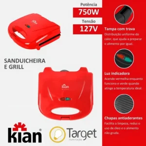 Sanduicheira Grill Vermelha 750w Kian Cor Vermelho - Imagem 4