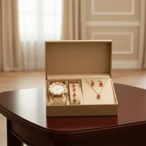 Kit Relógio Feminino Colar Brinco Pulseira Folheado Presente Rose - Imagem 3