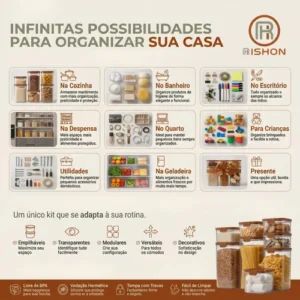 Kit 15 Potes Hermético Cadencia Mantimentos Quadrado Cozinha Branco Rishon 22,4 Litros - Imagem 6