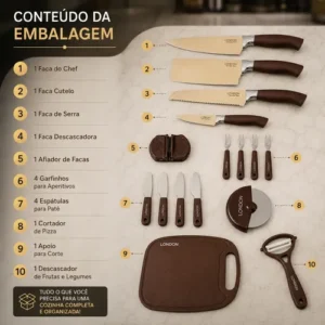 Kit Completo Facas London 17 Peças Faqueiro Tábua Acessórios - Imagem 8