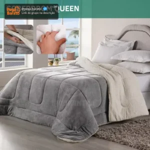 Coberdrom Casal Queen Size Sherpa Cobertor Edredom Inverno Pele Lã Carneiro Super Macio Suave Confortável Luxo Cor Cinza - Imagem 1
