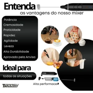 Mixer Elétrico Portátil 2 em 1 Recarregável Potente Misturador de Bebidas e Ovos 3 Velocidades Usb Batedor e Fue Fouet Marca Woosh - Imagem 4