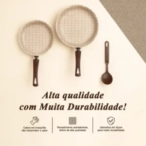 Jogo De Panelas 10 Peças Antiaderente Teflon ivory – Linha Familiar Para Cozinha Completa, Ideal Para Fritura, Arroz, Vapor – Alumínio Com Tampa De Vidro – Fogão Gás Elétrico - Imagem 3