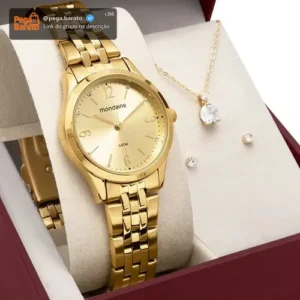 Kit Relógio Mondaine Pequeno Dourado E Colar De Cristal 32720lpmkde1k1 - Imagem 1