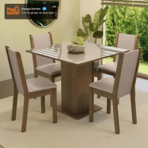 Sala De Jantar Mesa Tampo De Vidro 4 Cadeiras Tifani Madesa Cor Rustic/Crema/Sintético Bege XMMDJA040165 - Imagem 1