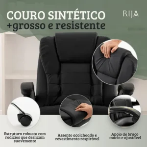 Cadeira De Escritorio Presidente Rija Ajustável Preto Couro Sintético - Imagem 5