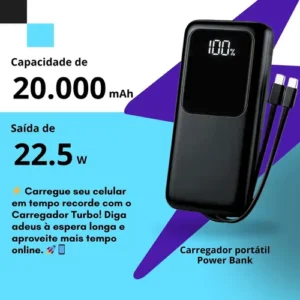 Carregador Portátil 20000 Turbo 22.5w Power Bank Premium Universal Rápido Voo Transporte Aéreo Para Samsung iPhone Xiaomi Motorola Celular Smartwatch Tablet Casenn Preto - Imagem 3