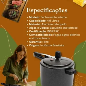 Panela de pressão 4,5 litros Alumínio Preta Segura Reforçada Cozimento Rápido Econômica Fechamento Interno - Imagem 8