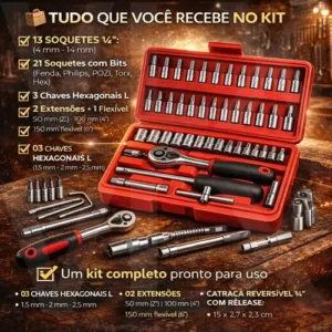 Kit Jogo De Soquete Catraca 1/4 Com 46 Peças Aço Maleta Novo - Imagem 4