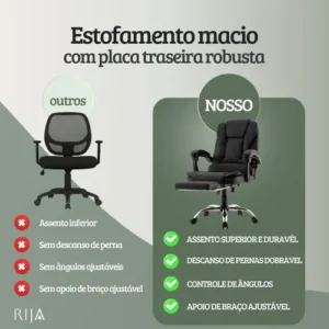 Cadeira De Escritorio Presidente Rija Ajustável Preto Couro Sintético - Imagem 4