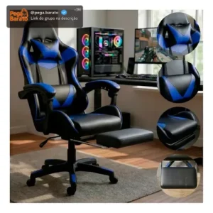 Cadeira Escritório Gamer Ergonômica Reclinável Com Apoio dos Pés Em Couro Azul Led Tools - Imagem 1
