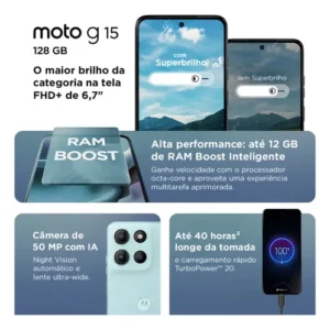 Smartphone Motorola Moto G15 - 128gb 12gb (4gb Ram+8gb Ram Boost) E Camera 50mp Com Ai E Night Vision Bateria De 5200 Mah Tela Fhd+ 6.7 Com Superbrilho Nfc Azul Claro - Imagem 4
