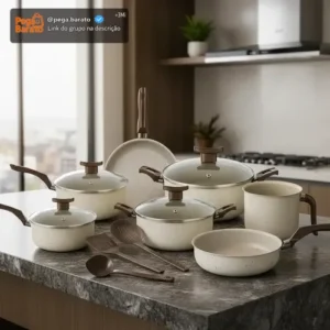 Conjunto Panelas Antiaderente 10 Peças Antiaderente Baunilha - Imagem 1