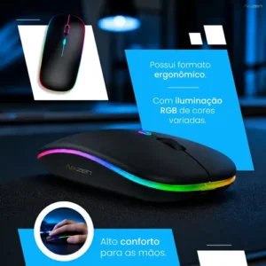 Mouse Sem Fio Recarregável Bluetooth Wireless Óptico Ergonômico Sem Fio Led Rgb Gamer Para Notebook Pc Tablet Smartphone Preto Nixzen - Imagem 4