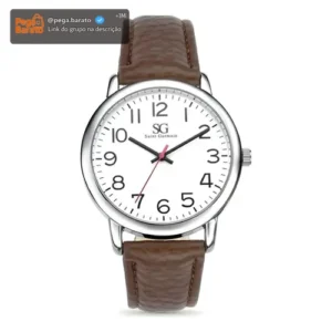 Relógio Masculino Chrowl Prateado Saint Germain Correia De Couro Marrom Caixa Prateada Fundo Branco 40mm Elegante Clássico - Imagem 1