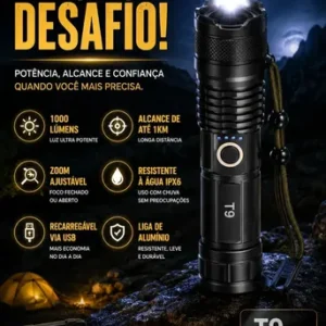 Lanterna Tática Militar T9 Mais Forte Do Mundo Profissional Lanterna Potente Led Mais Forte Do Mundo Acampamento Viajens Caça Camping - Commlite Branco Preto - Imagem 9