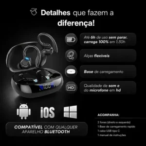 Fone Bluetooth 5.3 Tws Sem Fio Esportivo Compatível Com iPhone Samsung Xiaomi Motorola Com Gancho Premium KAPBOM Preto - Imagem 5
