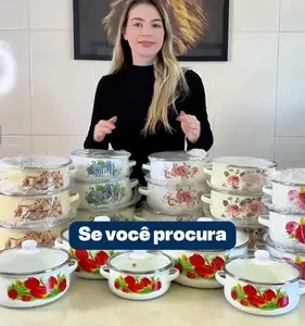 Jogo De Panelas Cerâmica Esmaltada 5 Peças Caçarola Retrô - Imagem 2