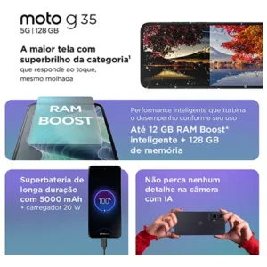 Smartphone Motorola Moto g35 5G - 128GB 12GB (4GB RAM+8GB Ram Boost) e Camera 50MP com AI NFC Tela 6.7" com Superbrilho - Verde - Vegan Leather - Imagem 4