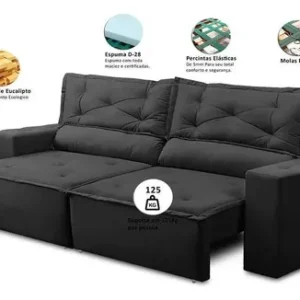 Sofá Retrátil E Reclinável Com Molas 1,80m Livia Suede Preto - Imagem 3