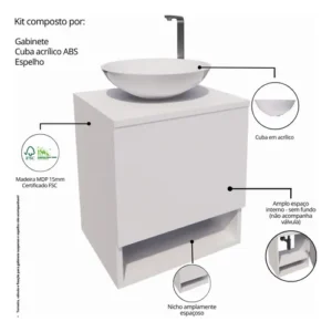 Gabinete Para Banheiro 40cm Com Cuba E Espelho Armário Suspenso Lavabo Completo - Imagem 5