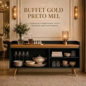 Buffet Aparador Sala De Jantar Móveis Primus Gold 4 Portas Preto Mel 160cm MDP Com Pés Madeira Maciça E Prateleira - Imagem 7