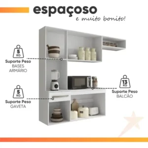 Armário de Cozinha Suspenso Branco 6 Portas Aramóveis com Prateleiras - Imagem 5