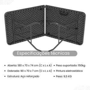 Mesa Dobrável vira Maleta 1,80 Portatil Textura Madeira Festa Camping Jardim Praia Revomax - Imagem 8