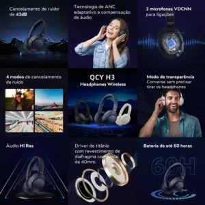 Headset Qcy H3 Anc Adaptativo Bluetooth 5.3 Multiponto 60h Cor Azul - Imagem 7