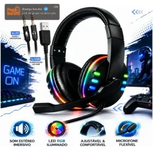 Headset Gamer RGB Led Com Microfone P2 P/ PC PS4 PS5 Xbox Celular Notebook Surround 5.1 Landara - Imagem 1