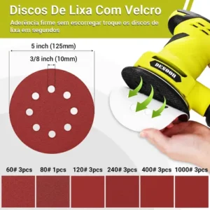 Lixadeira Orbital Elétrica 300w Real Profissional 125mm Com Auto Vácuo Coletor De Pó + 16 Lixas Kit Completo 220v Desoon - Imagem 7