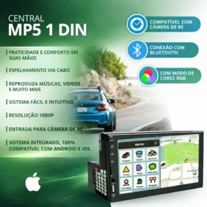 Central Multimídia Universal Mp5 1 Din 7 Espelha Dvd+ Cam - Imagem 6