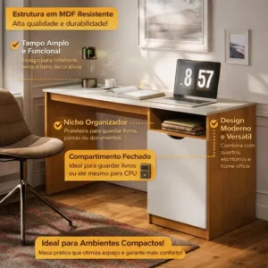 Escrivaninha Para Computador 115cm Com Porta E Nicho Mesa Home Office Escritório Quarto Estudo Notebook Moderna Canela Off White - Imagem 3